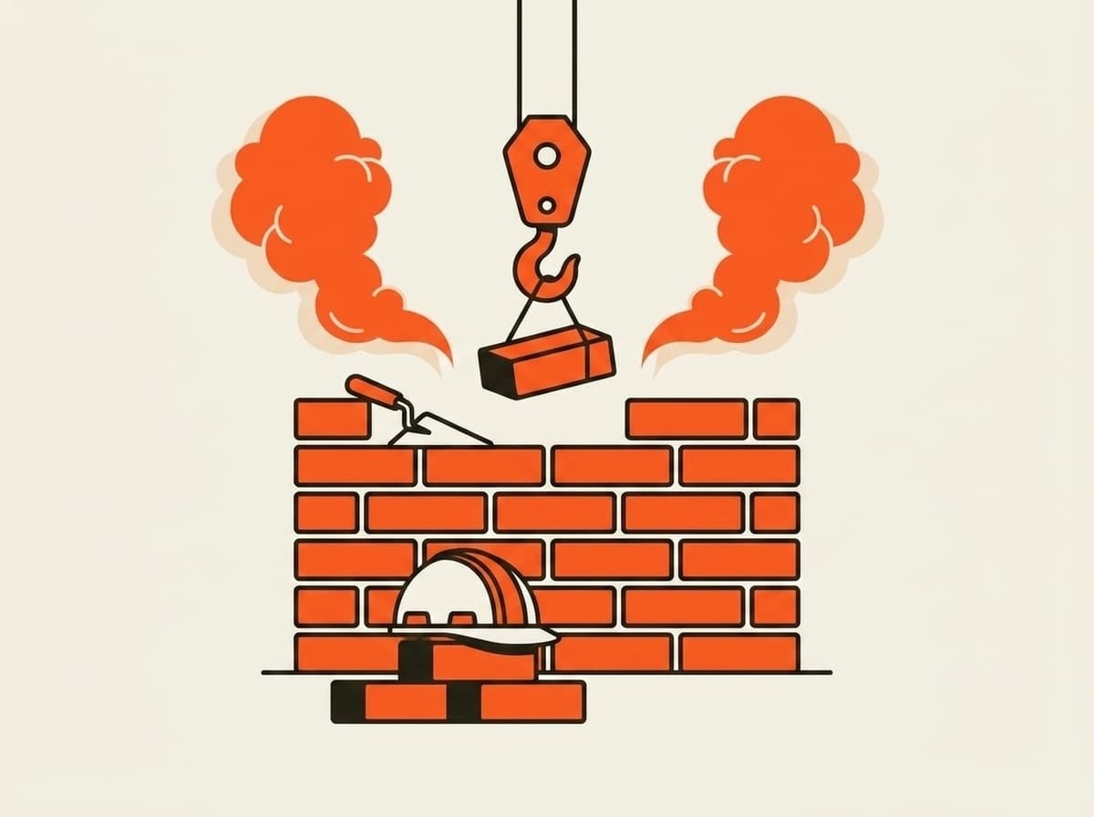 Illustratie van een bouwkraan naast een halfopgemetselde bakstenen muur