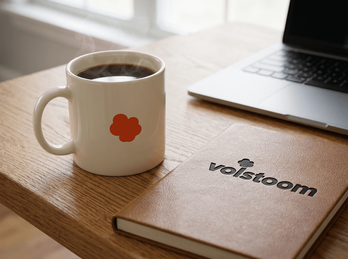 Volstoom-mok en notitieboek naast een laptop op een bureau