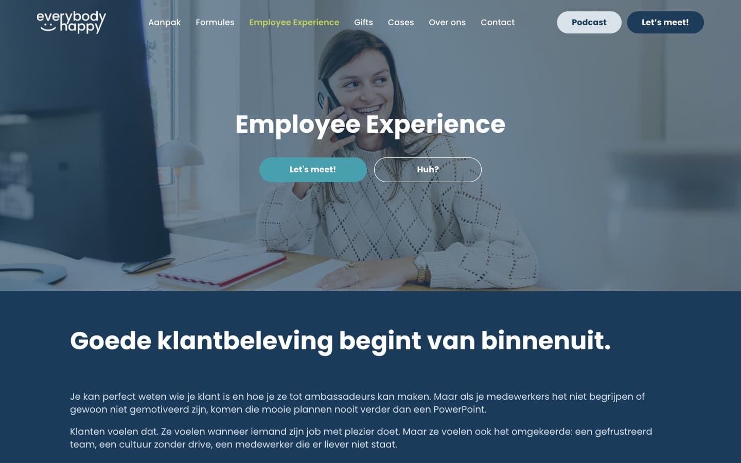 De pagina Employee Experience van Everybody Happy met een eigen hero en de kop dat klantbeleving van binnenuit begint