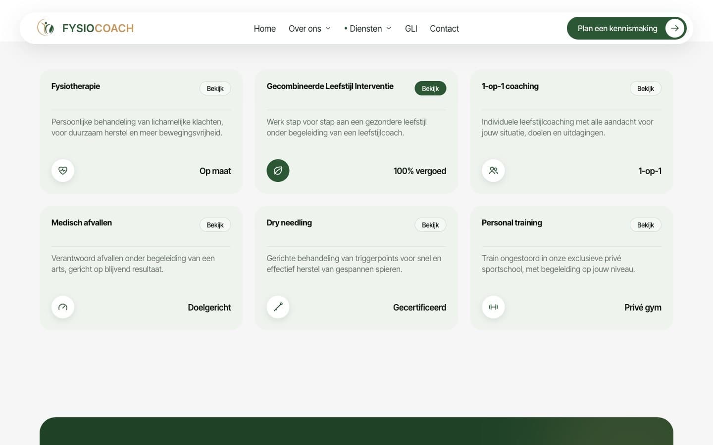 Het dienstenoverzicht van FysioCoach met zes kaarten, elk met een icoon, omschrijving en label