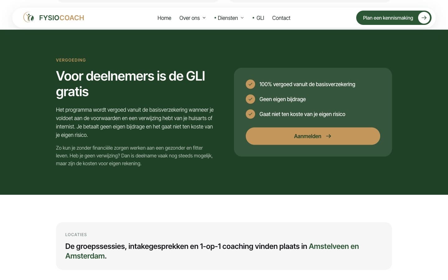 Het vergoedingsblok op de GLI-pagina van FysioCoach met drie vinkjes en een aanmeldknop