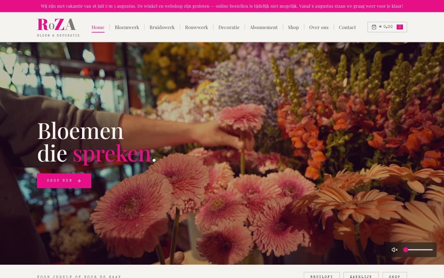 De site van Roza met de vakantiemelding boven de header