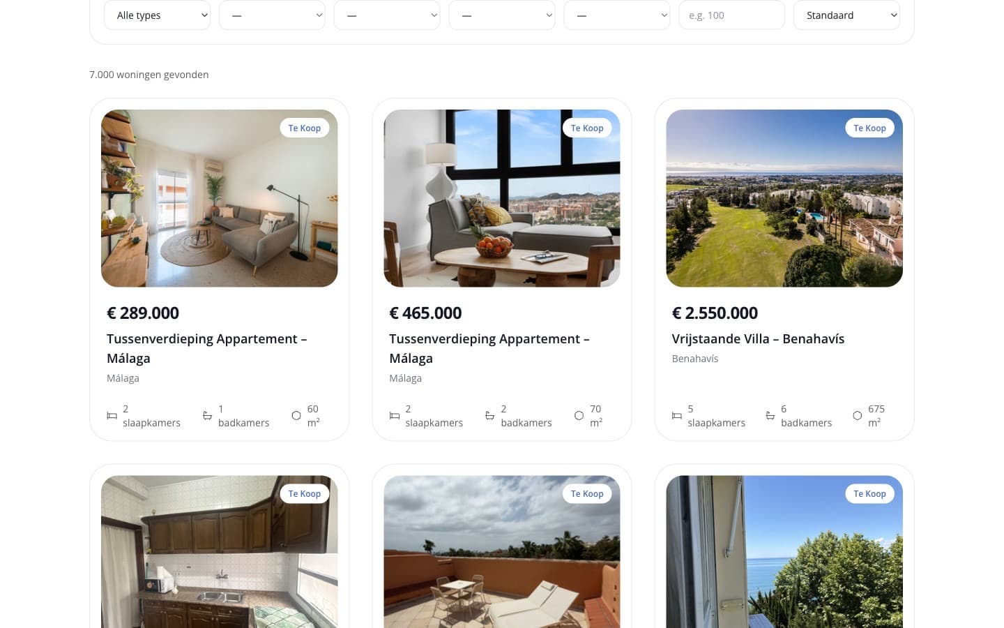 Het woningaanbod van Seavita Estate met filters en kaarten met prijs, slaapkamers, badkamers en oppervlakte