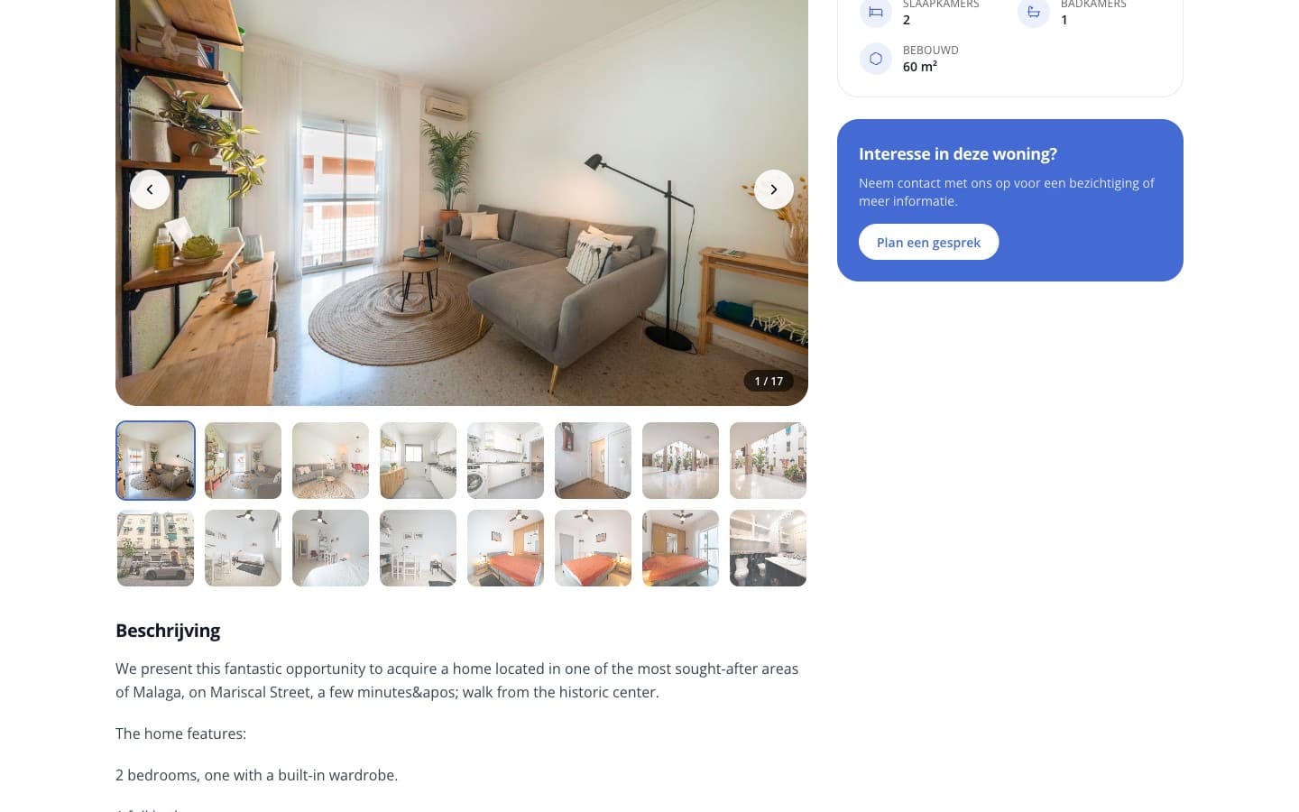 Een woningpagina van Seavita Estate met fotogalerij, kenmerken en een blok om een gesprek te plannen