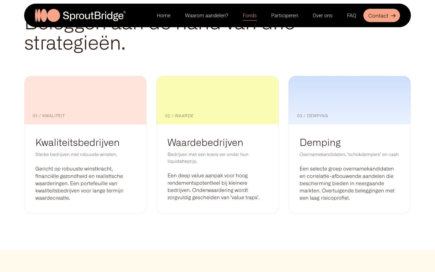 De drie beleggingsstrategieën van SproutBridge als kaarten: kwaliteit, waarde en demping