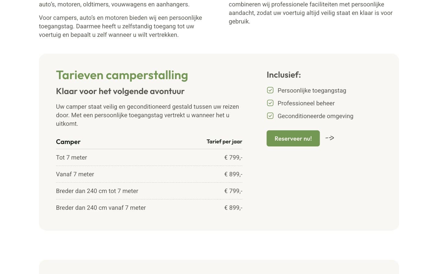 Het tarievenblok voor camperstalling met prijzen per maat en een lijst met wat inbegrepen is