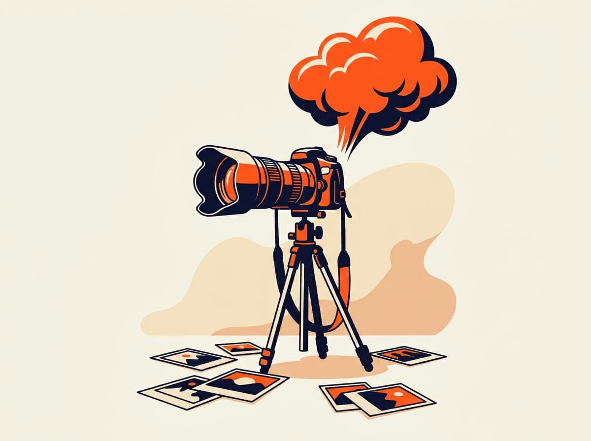Illustratie van een camera op statief met fotoprints