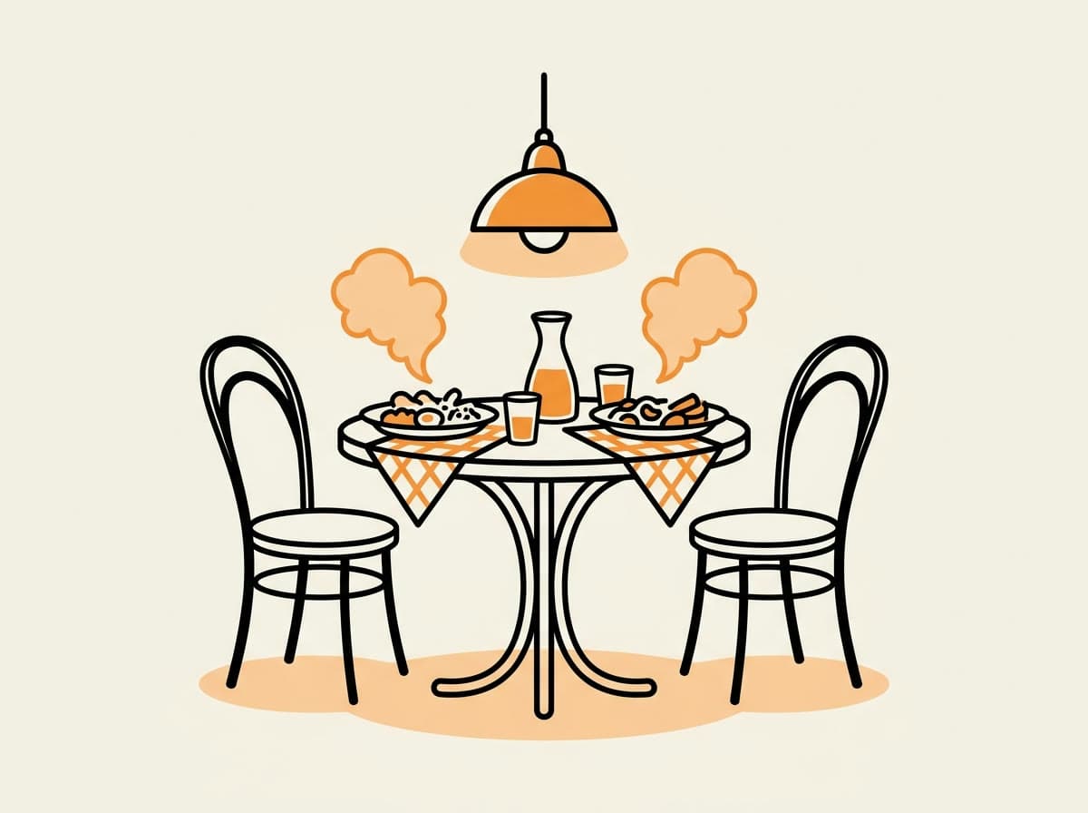 Illustratie van een gedekte restauranttafel met dampende gerechten