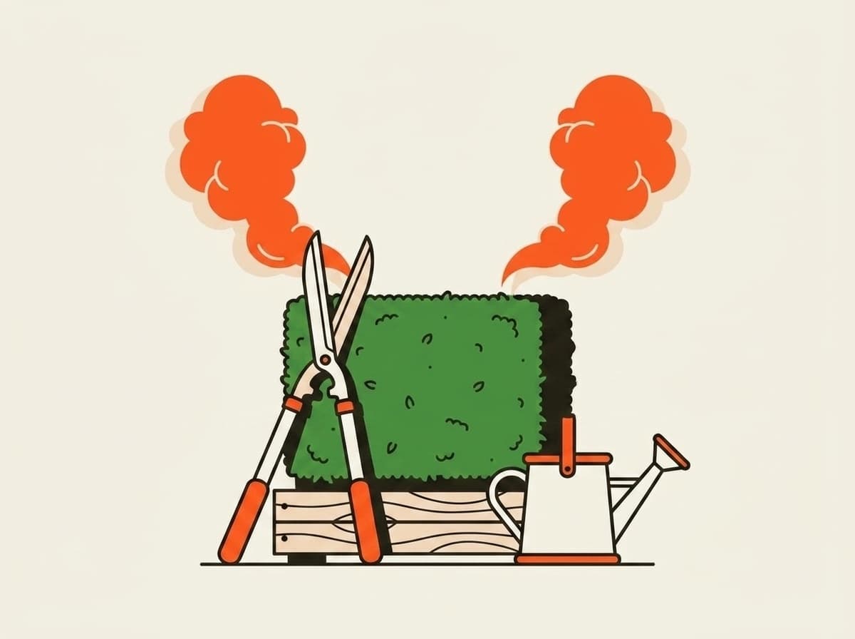 Illustratie van een snoeischaar bij een strak geknipte heg