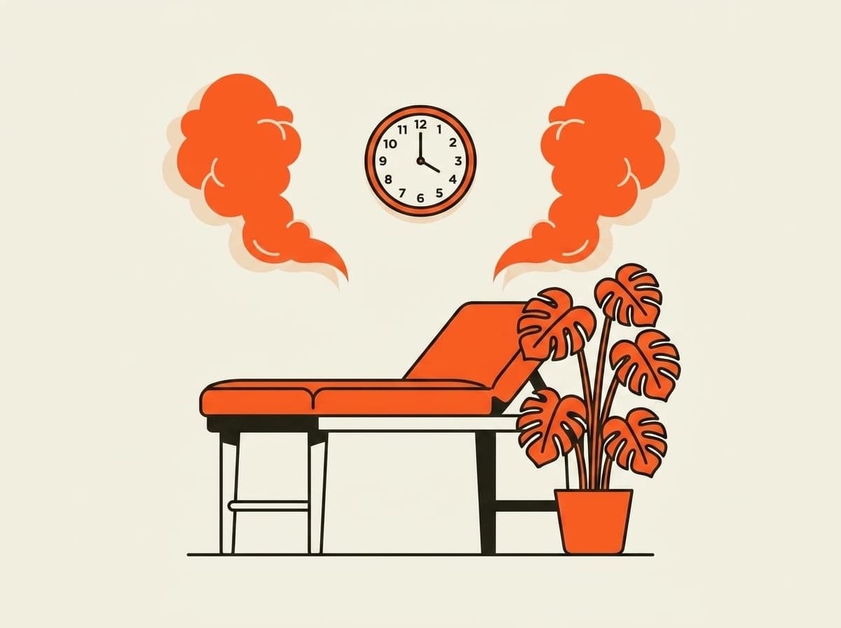 Illustratie van een behandelbank met een plant ernaast