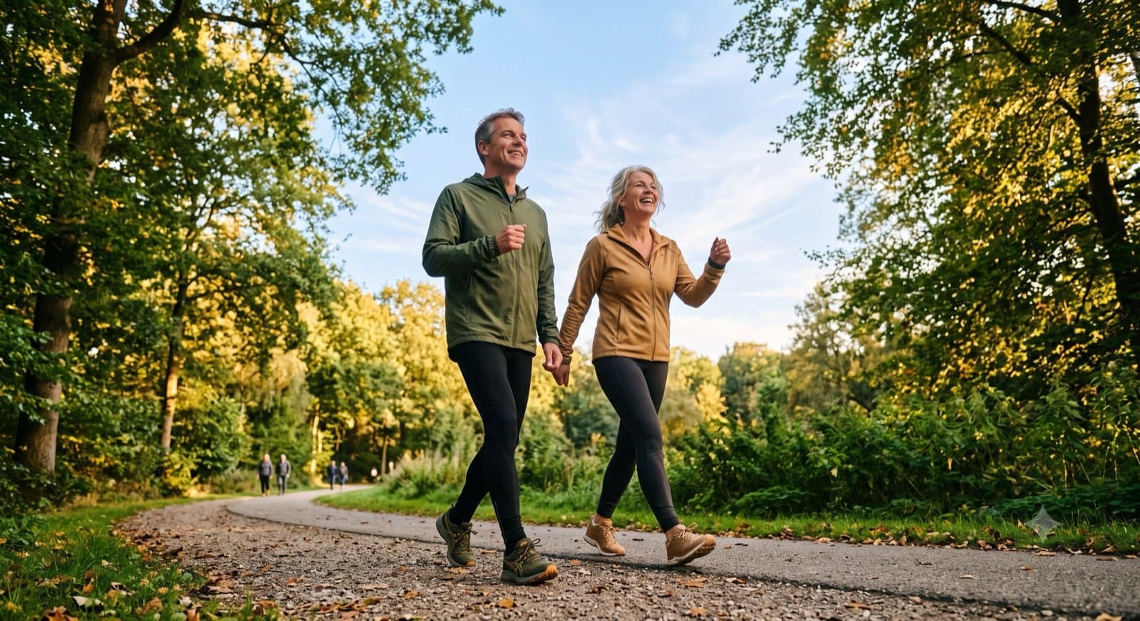 Man en vrouw wandelen over een bospad, uit de hero van FysioCoach