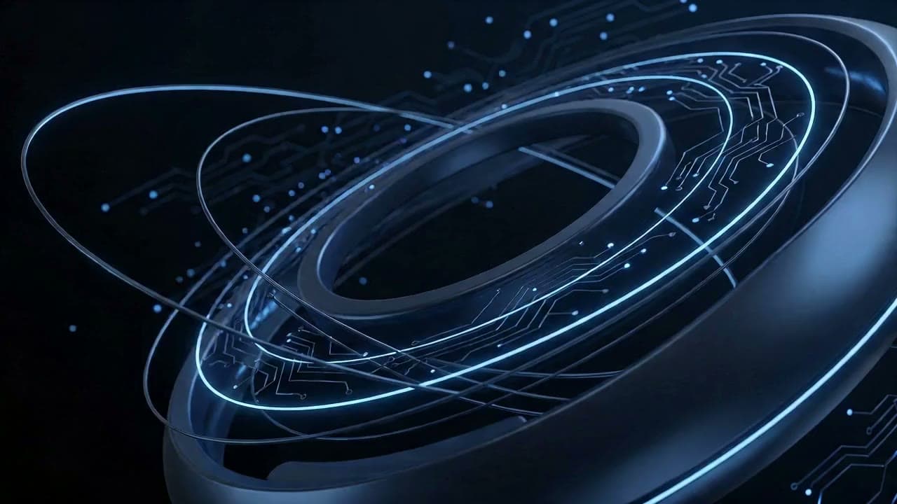 Animatie van blauwe ringen en circuits uit de hero van HZ IT Consultancy