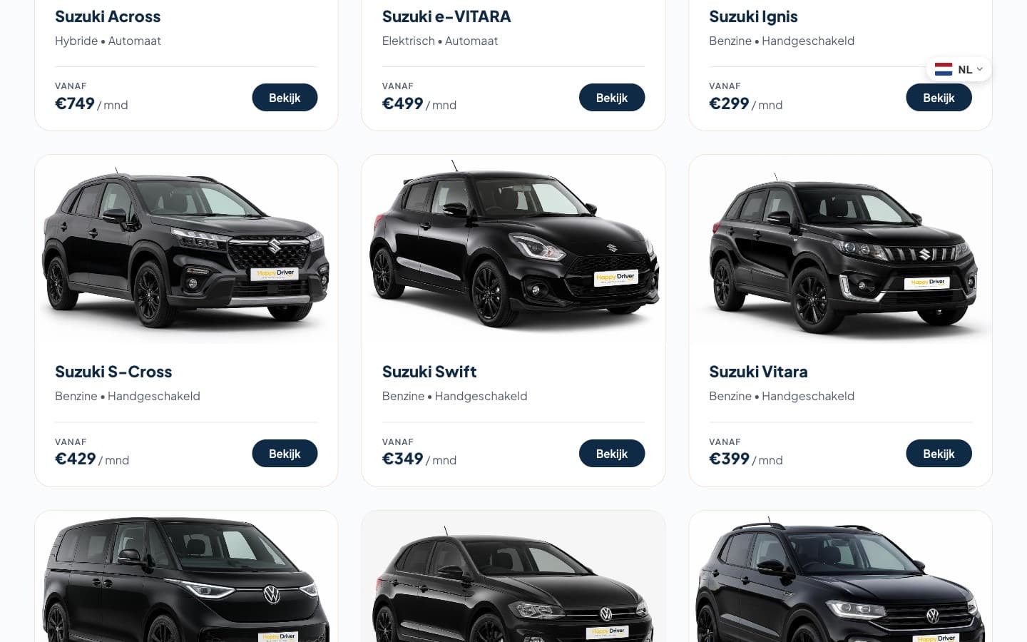 Het auto-aanbod van Happy Driver met kaarten per model, met brandstof, transmissie en maandprijs