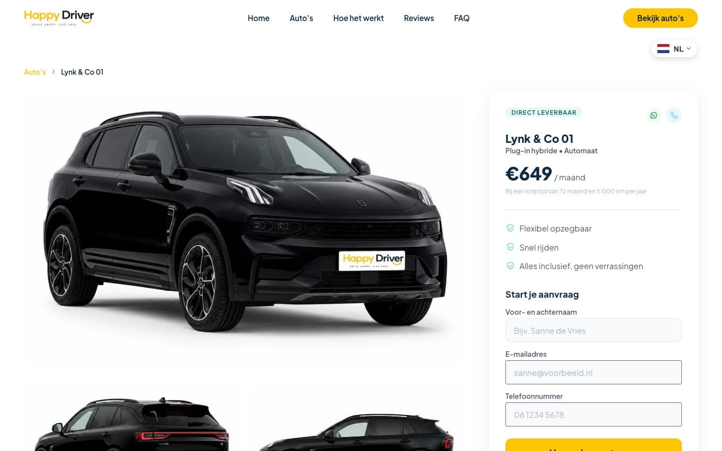 De autopagina van de Lynk & Co 01 bij Happy Driver, met galerij, maandprijs en het aanvraagformulier