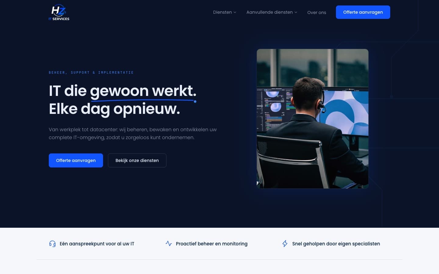 De homepage van HZ IT Services met de kop IT die gewoon werkt