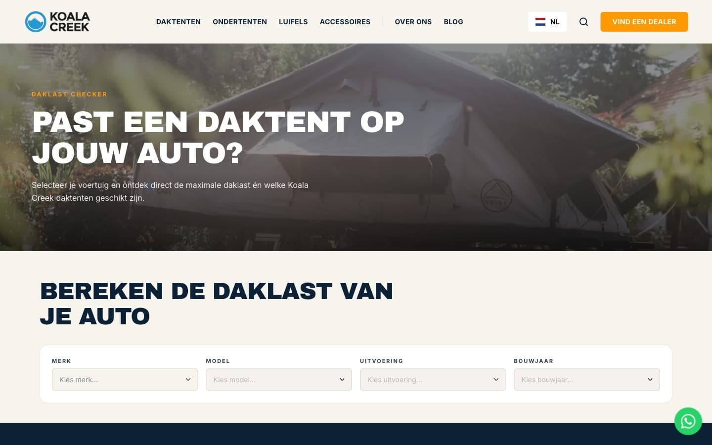 De daklastchecker van Koala Creek met keuzevelden voor merk, model, uitvoering en bouwjaar