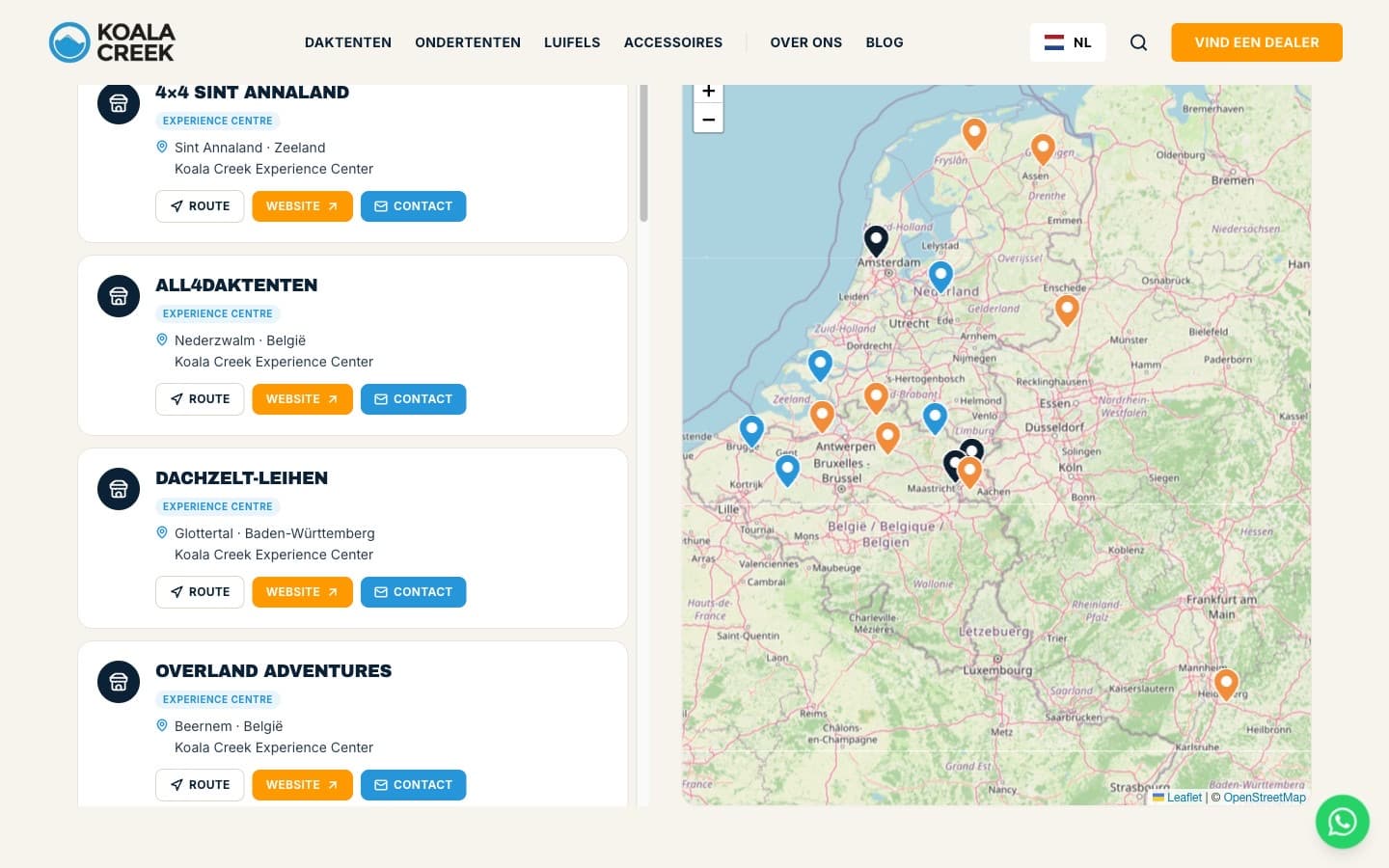De dealerzoeker van Koala Creek met dealerkaarten naast een kaart van Nederland, België en Duitsland