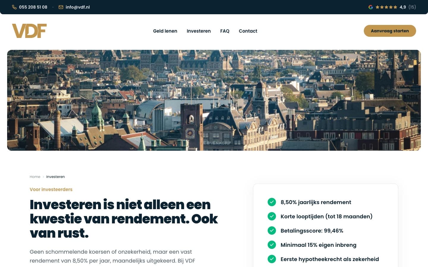 De pagina voor investeerders van VDF met een eigen kop over rendement en rust