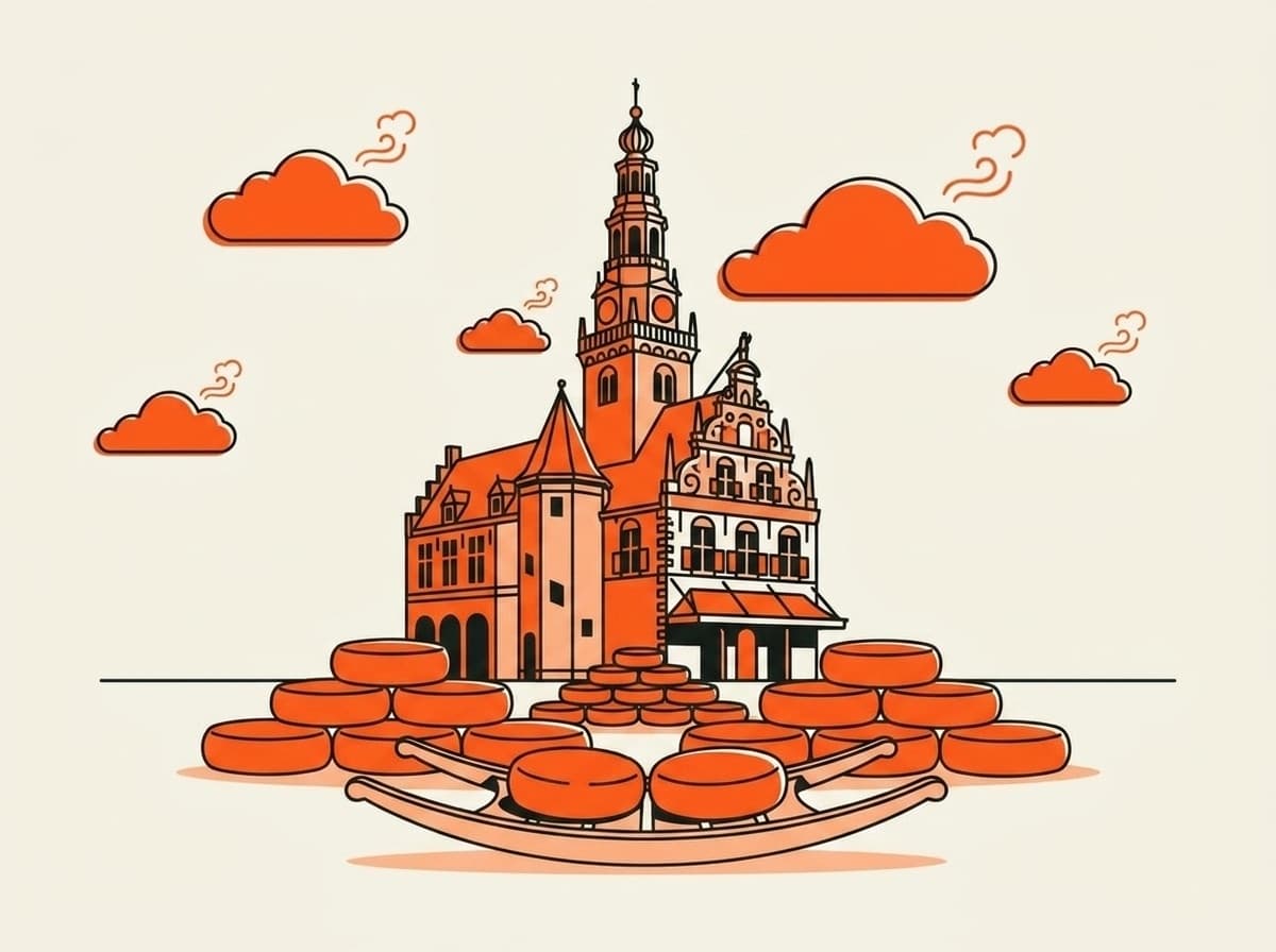 Illustratie van de kaasmarkt van Alkmaar met kaaswielen en de Waag