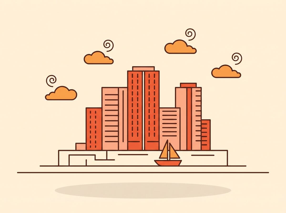 Illustratie van het stadhuis van Almere en de moderne bebouwing van het stadscentrum
