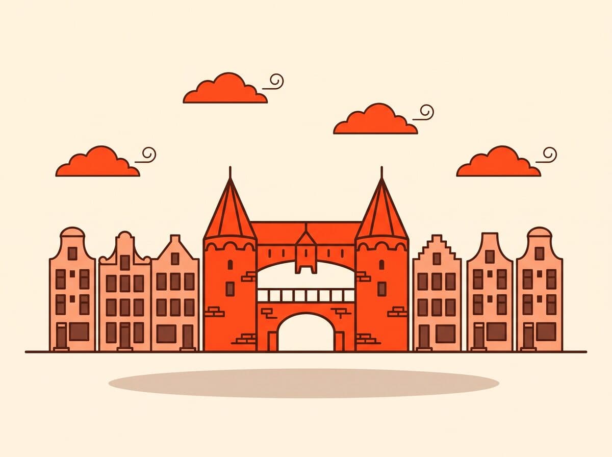 Illustratie van de Koppelpoort in Amersfoort met de Onze Lieve Vrouwetoren erachter