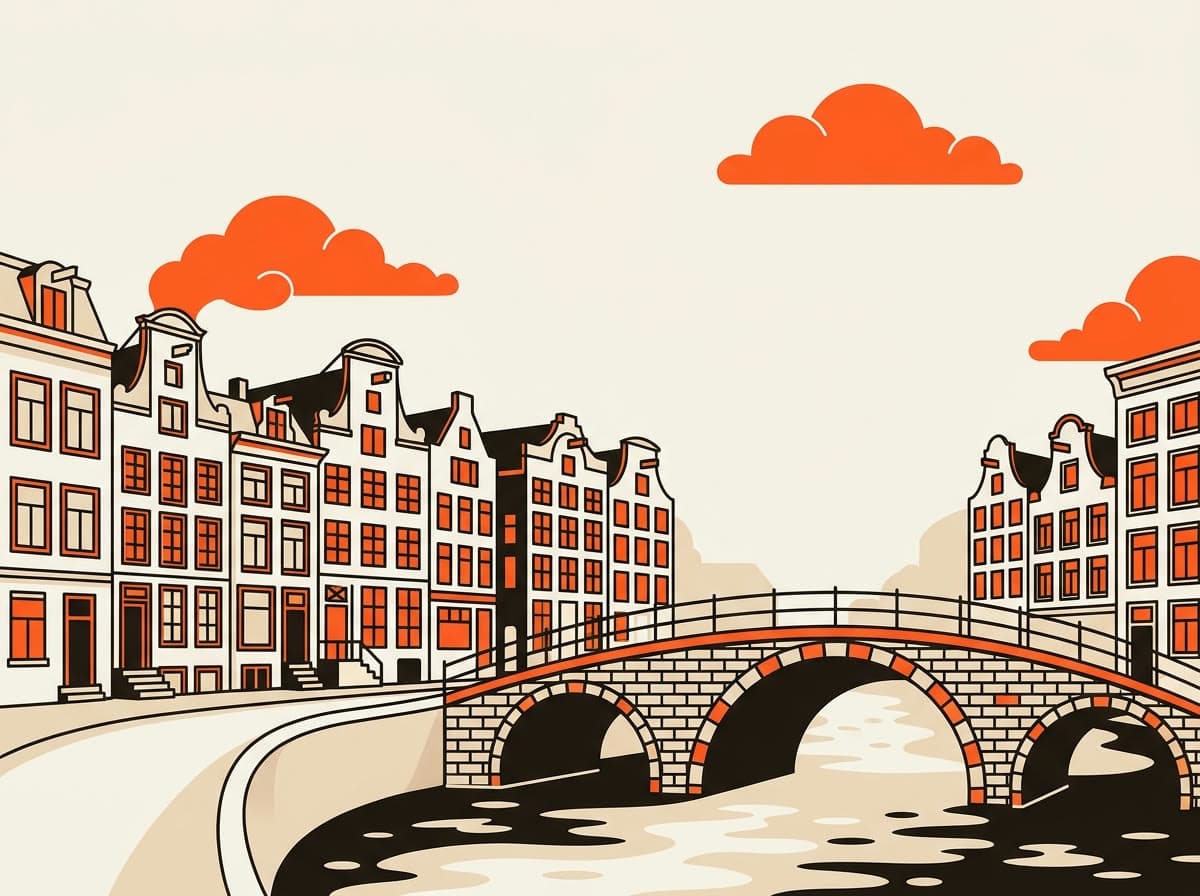 Illustratie van Amsterdamse grachtenpanden met een brug