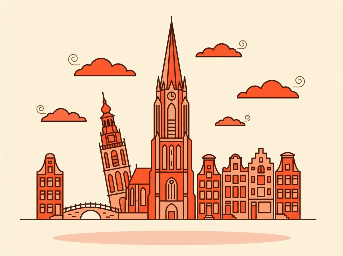 Illustratie van de scheve toren van de Oude Kerk in Delft