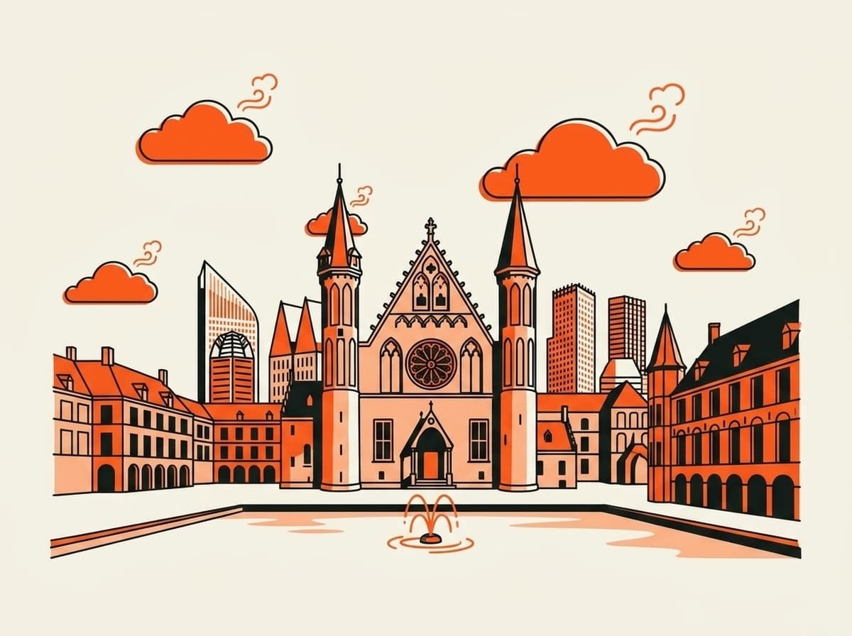 Illustratie van het Binnenhof met de Ridderzaal aan de Hofvijver