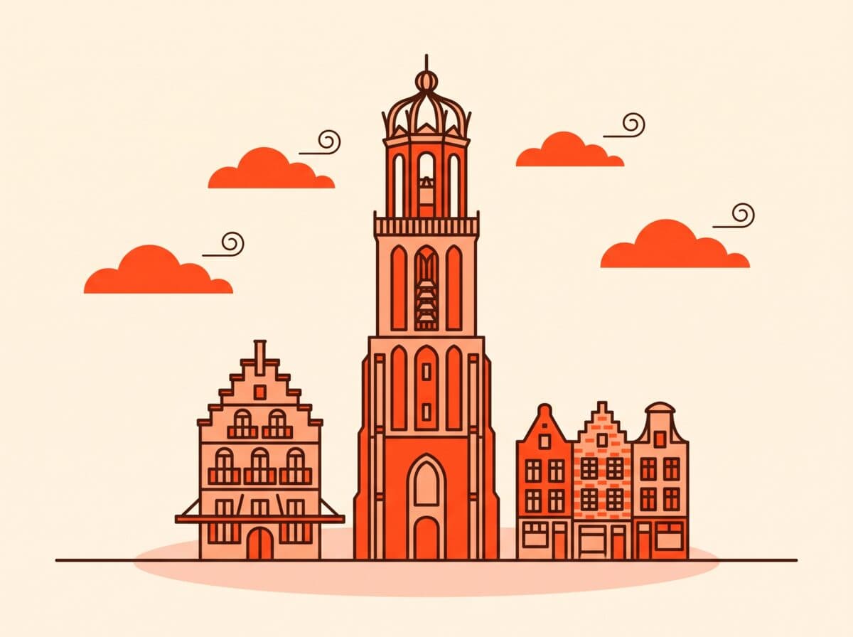 Illustratie van de Lebuïnustoren en de Waag aan de Brink in Deventer