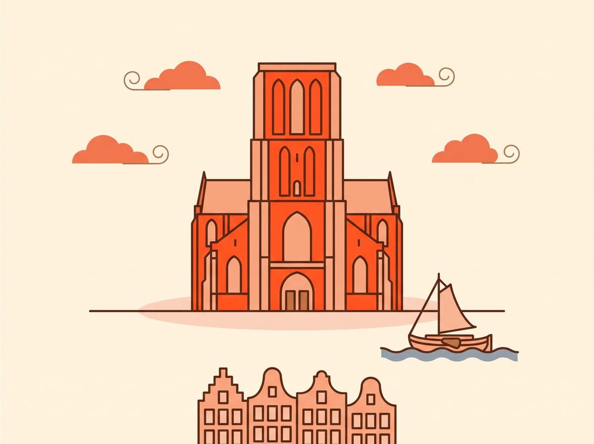 Illustratie van de Grote Kerk van Dordrecht aan het water