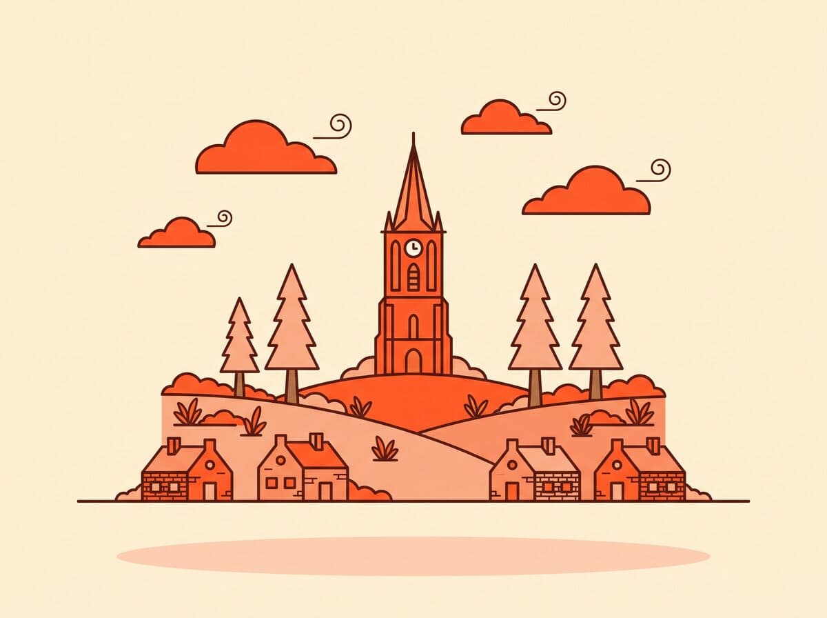 Illustratie van de Oude Kerk in Ede met de bossen van de Veluwe erachter
