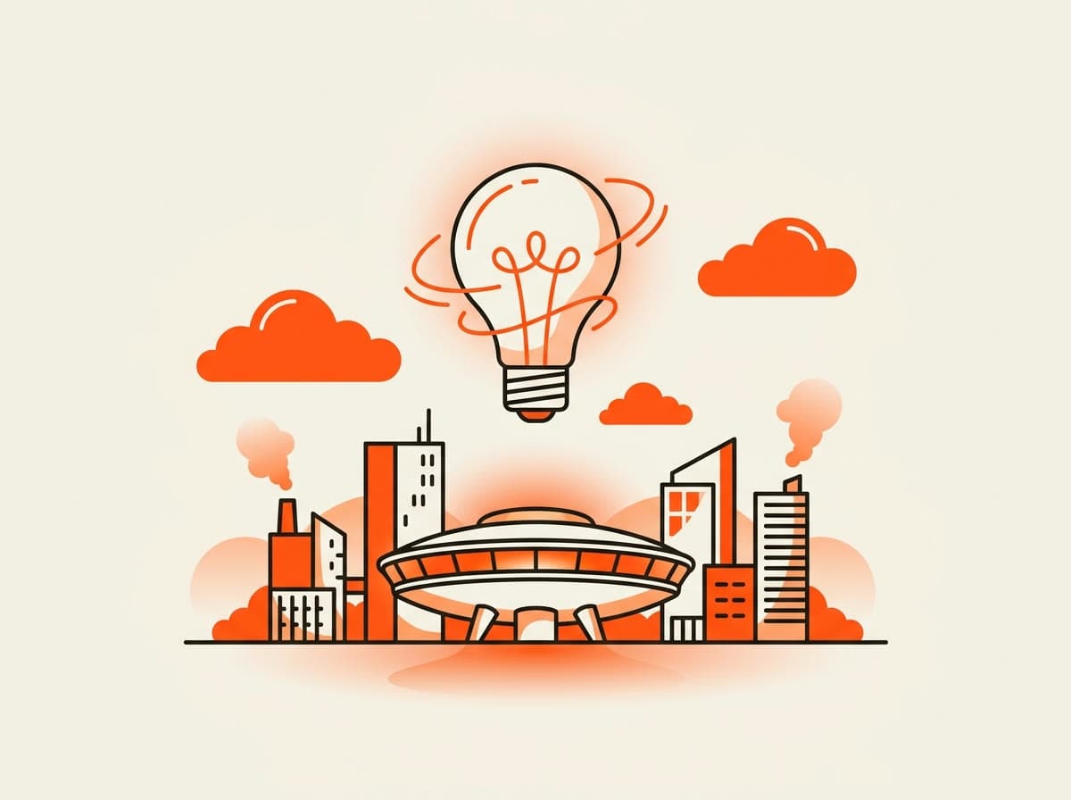Illustratie van een gloeilamp boven de skyline van Eindhoven, stad van licht