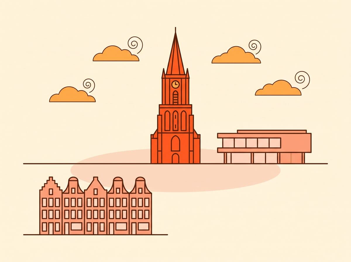 Illustratie van de Grote Kerk aan de Oude Markt in Enschede met een fabrieksschoorsteen erachter