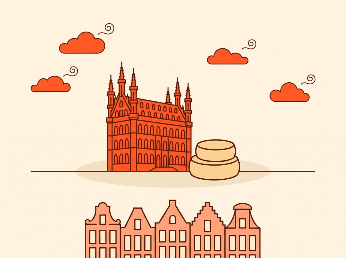 Illustratie van het Goudse stadhuis midden op de Markt