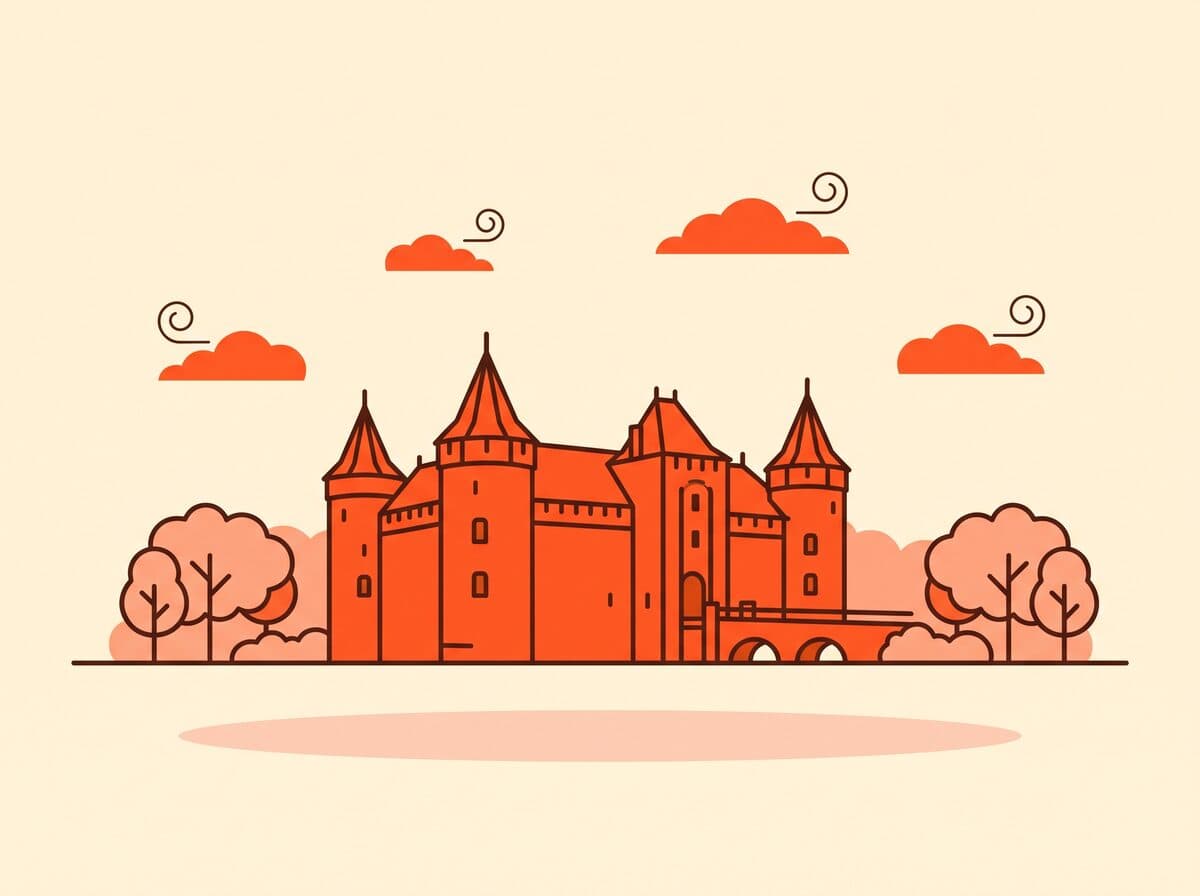 Illustratie van Kasteel Helmond met zijn grachten en torens