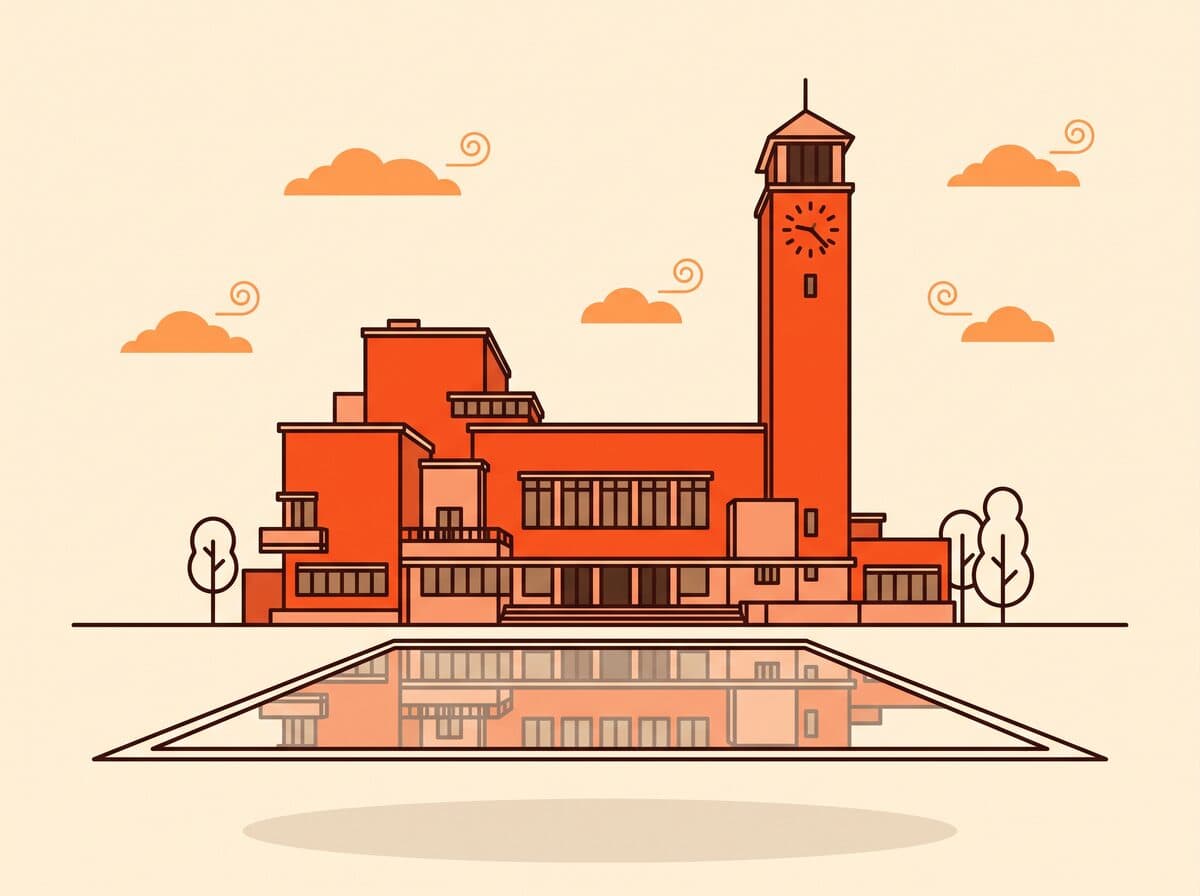 Illustratie van het raadhuis van Dudok in Hilversum met de karakteristieke toren
