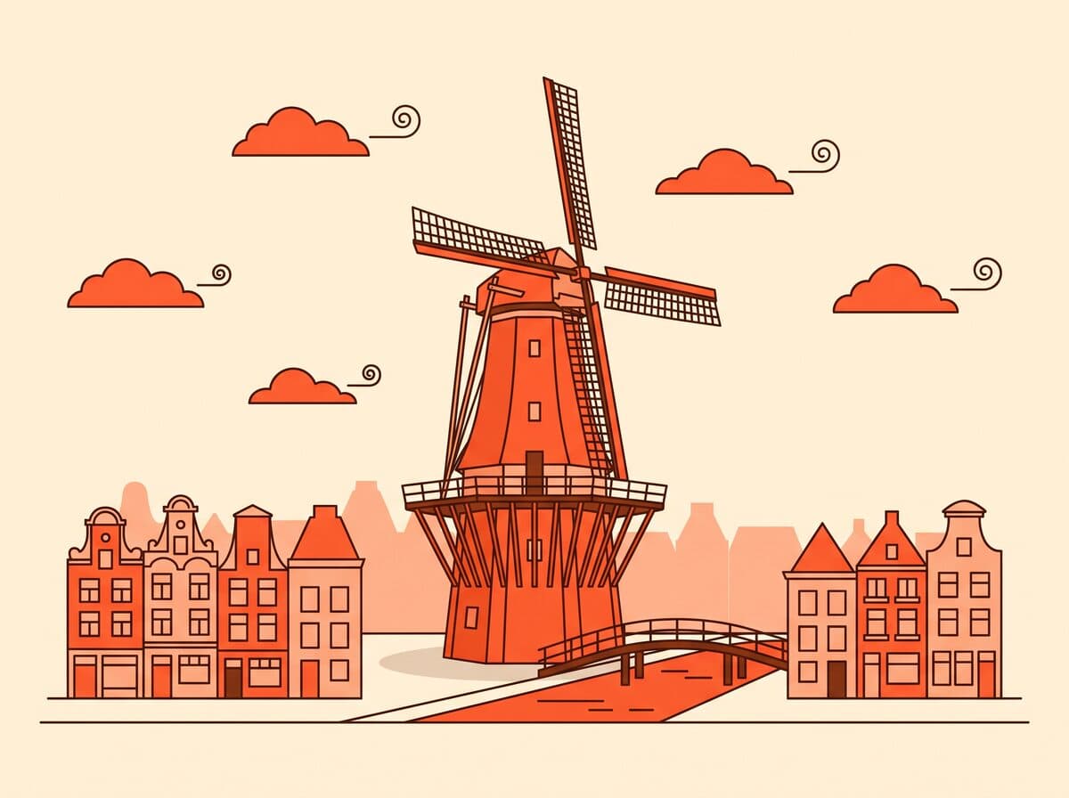 Illustratie van molen De Valk in Leiden, met grachtenpanden ernaast