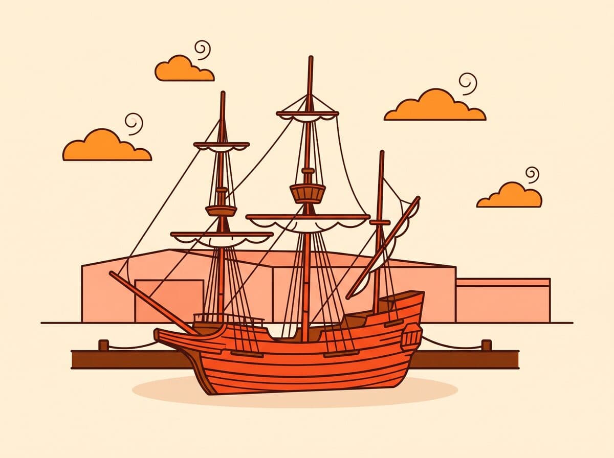 Illustratie van het VOC-schip De Batavia op de Bataviawerf in Lelystad