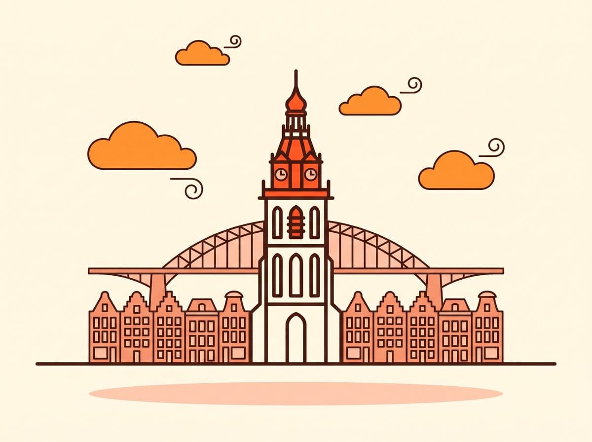 Illustratie van de Waalbrug en de toren van de Sint-Stevenskerk in Nijmegen