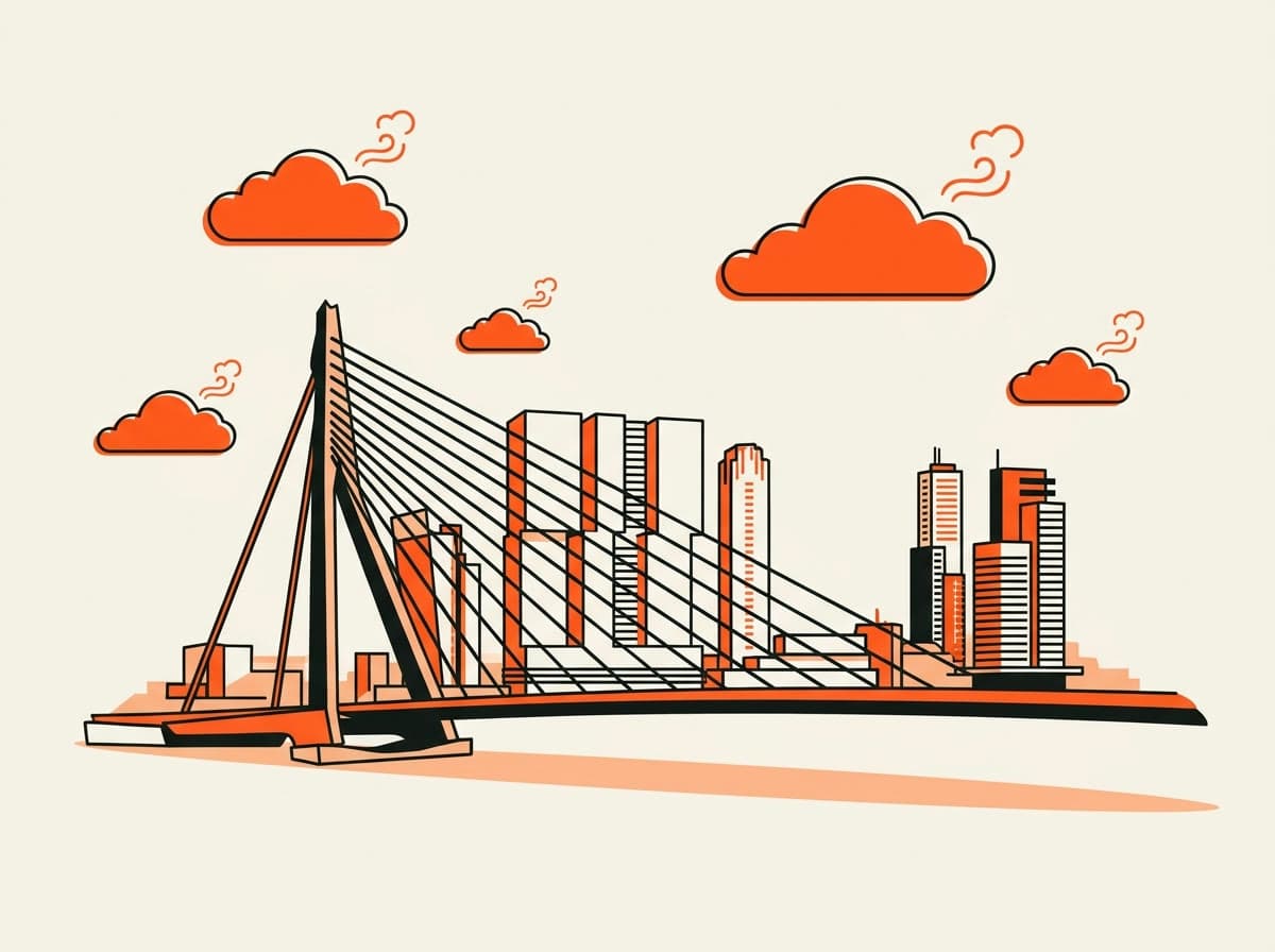 Illustratie van de Erasmusbrug en de Rotterdamse skyline