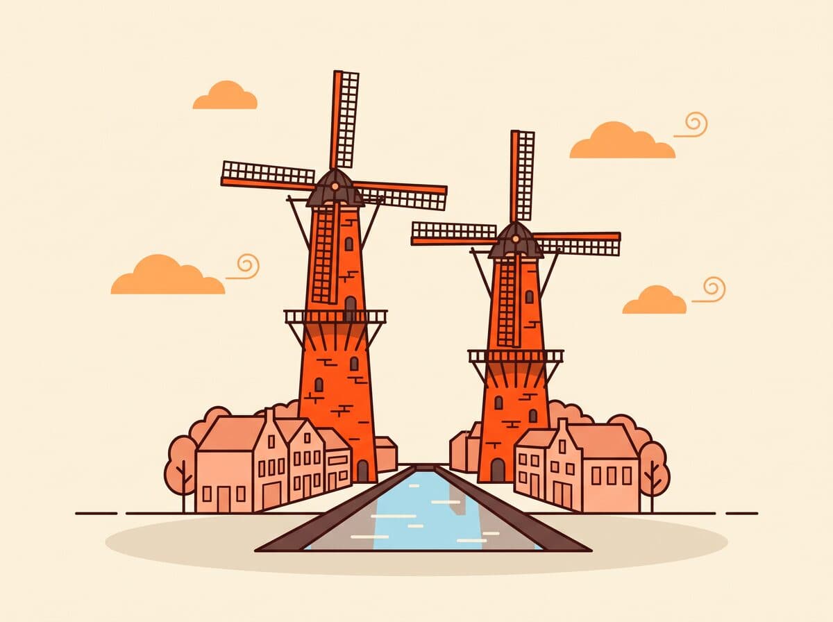 Illustratie van een Schiedamse branderijmolen aan de Noordvest