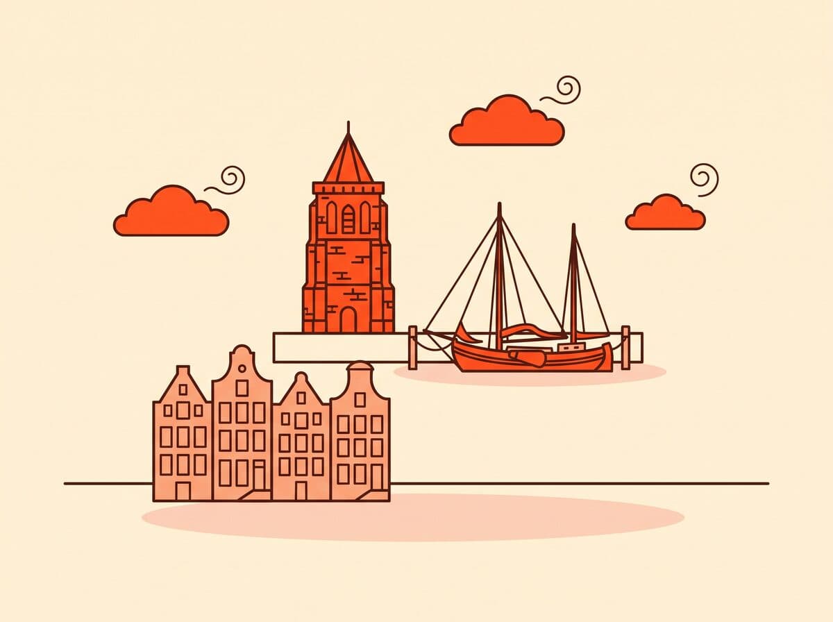 Illustratie van de Grote Kerk en de Visbank aan de Vlaardingse haven
