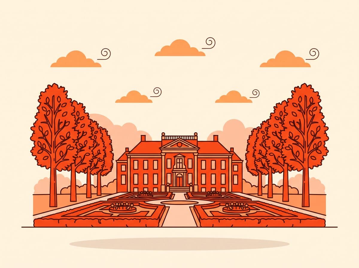 Illustratie van Slot Zeist met de oprijlaan en de bomenrijen