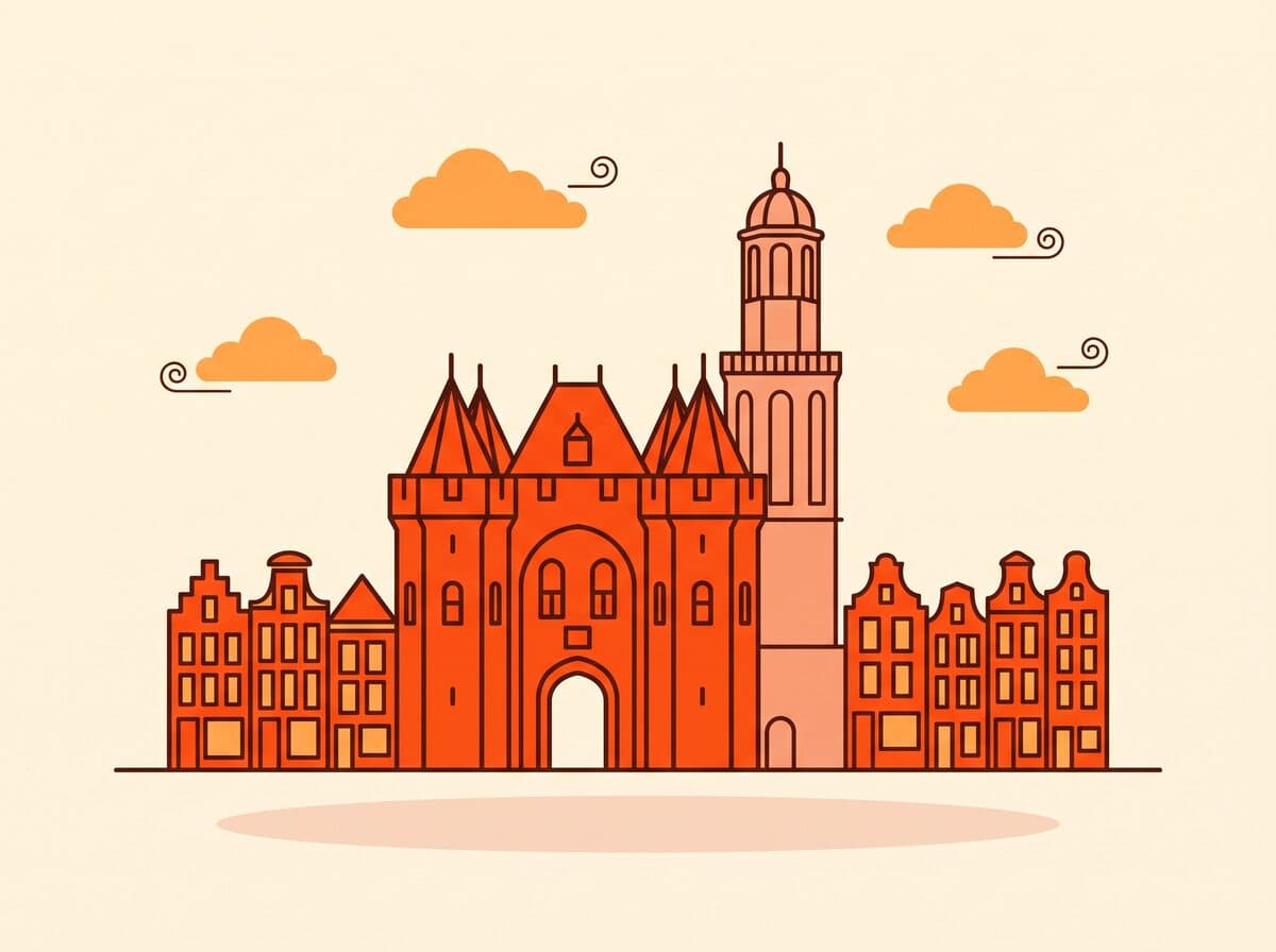 Illustratie van de Sassenpoort en de Peperbus in Zwolle